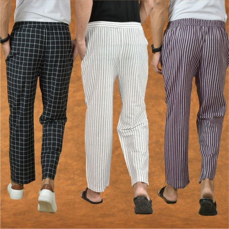 COMBO OF 3 MEN STRIPE COTTON HANDLOOM PANT WHITE PURPLE AND BLACK-15419