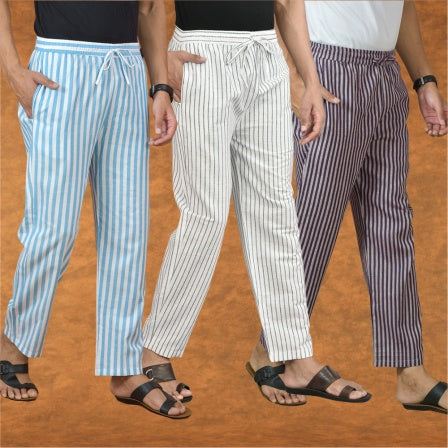 COMBO OF 3 MEN STRIPE COTTON HANDLOOM PANT WHITE PURPLE AND SKY BLUE-15188