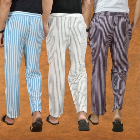 COMBO OF 3 MEN STRIPE COTTON HANDLOOM PANT WHITE PURPLE AND SKY BLUE-15188