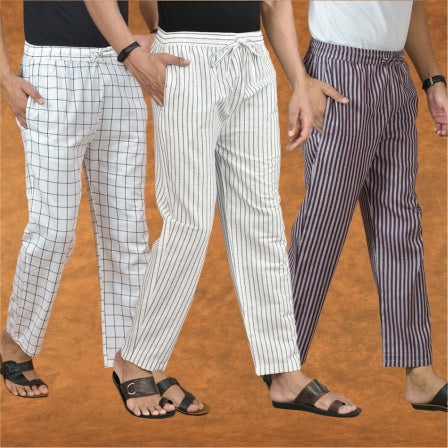 COMBO OF 3 MEN STRIPE COTTON HANDLOOM PANT WHITE PURPLE AND WHITE-15310