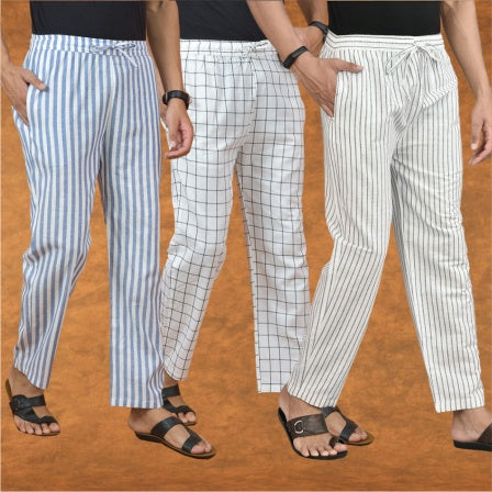 COMBO OF 3 MEN STRIPE COTTON HANDLOOM PANT WHITE WHITE AND BLUE-15209