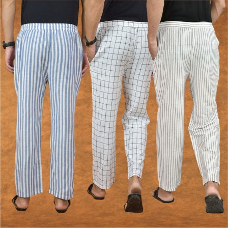 COMBO OF 3 MEN STRIPE COTTON HANDLOOM PANT WHITE WHITE AND BLUE-15209