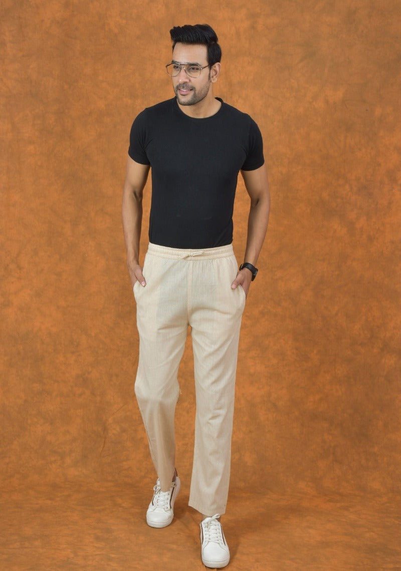 Cream Solid Cotton Handloom Men Pant