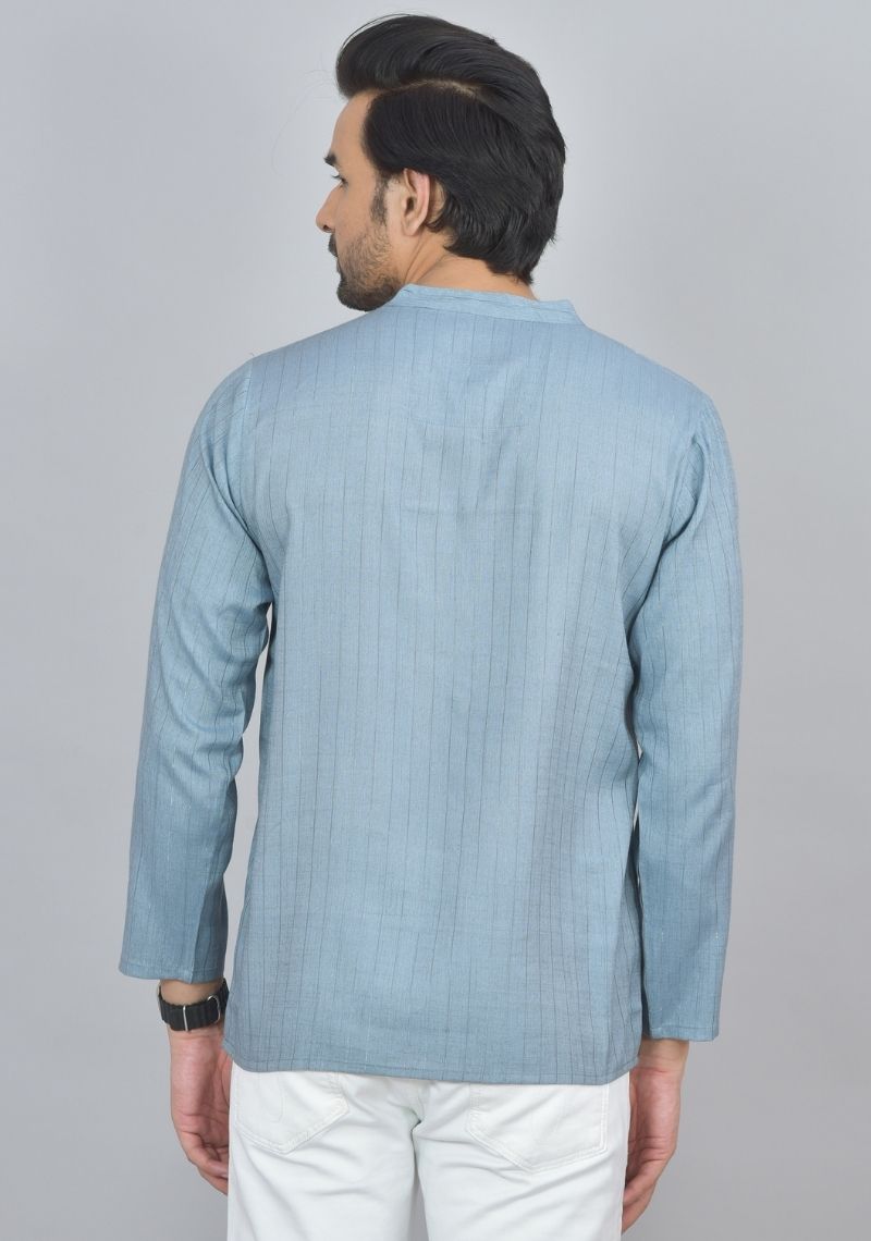 Combo of 2 Men Cotton Self Design Short Kurta Blue and Peach