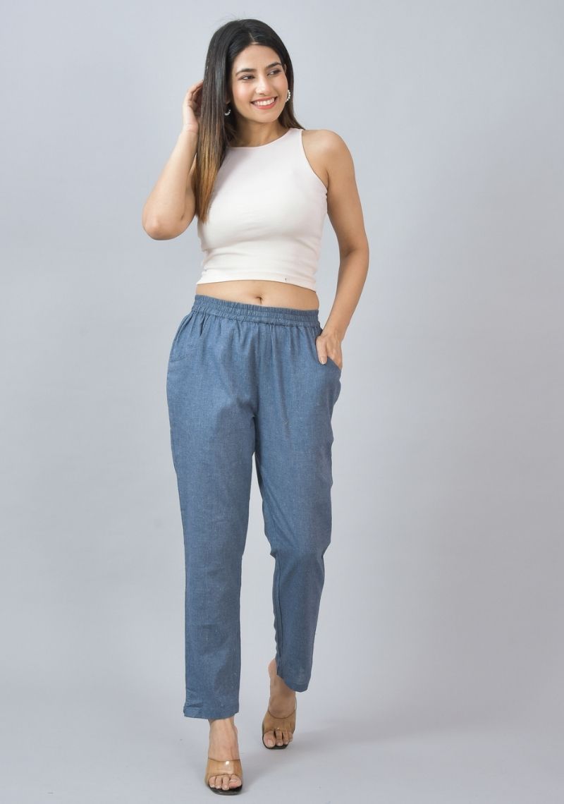 Gray Solid Cotton Flax Trouser Pants