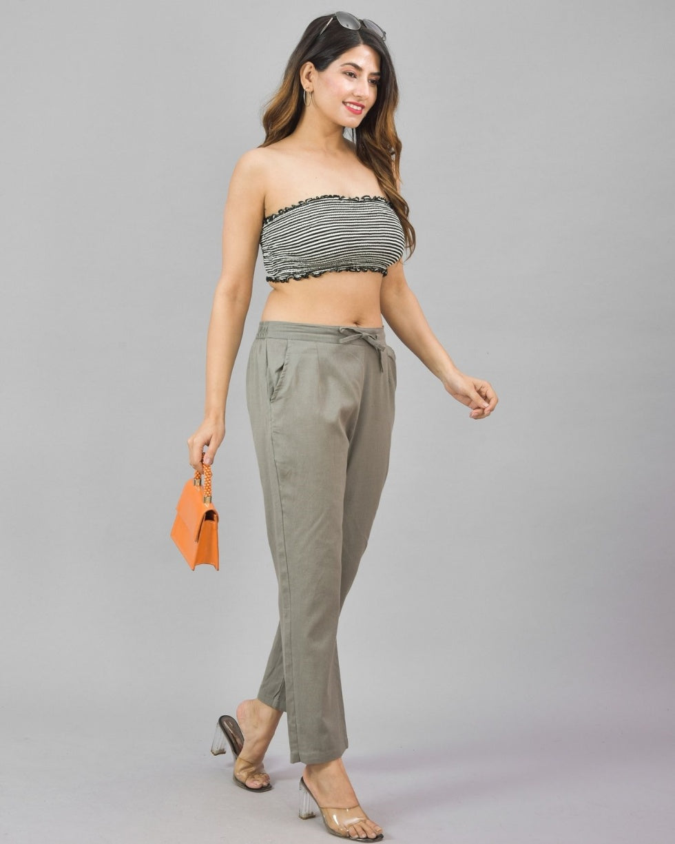 Combo of 2 Sky Blue and Gray Cotton Flax Women Trouser Pant-10365