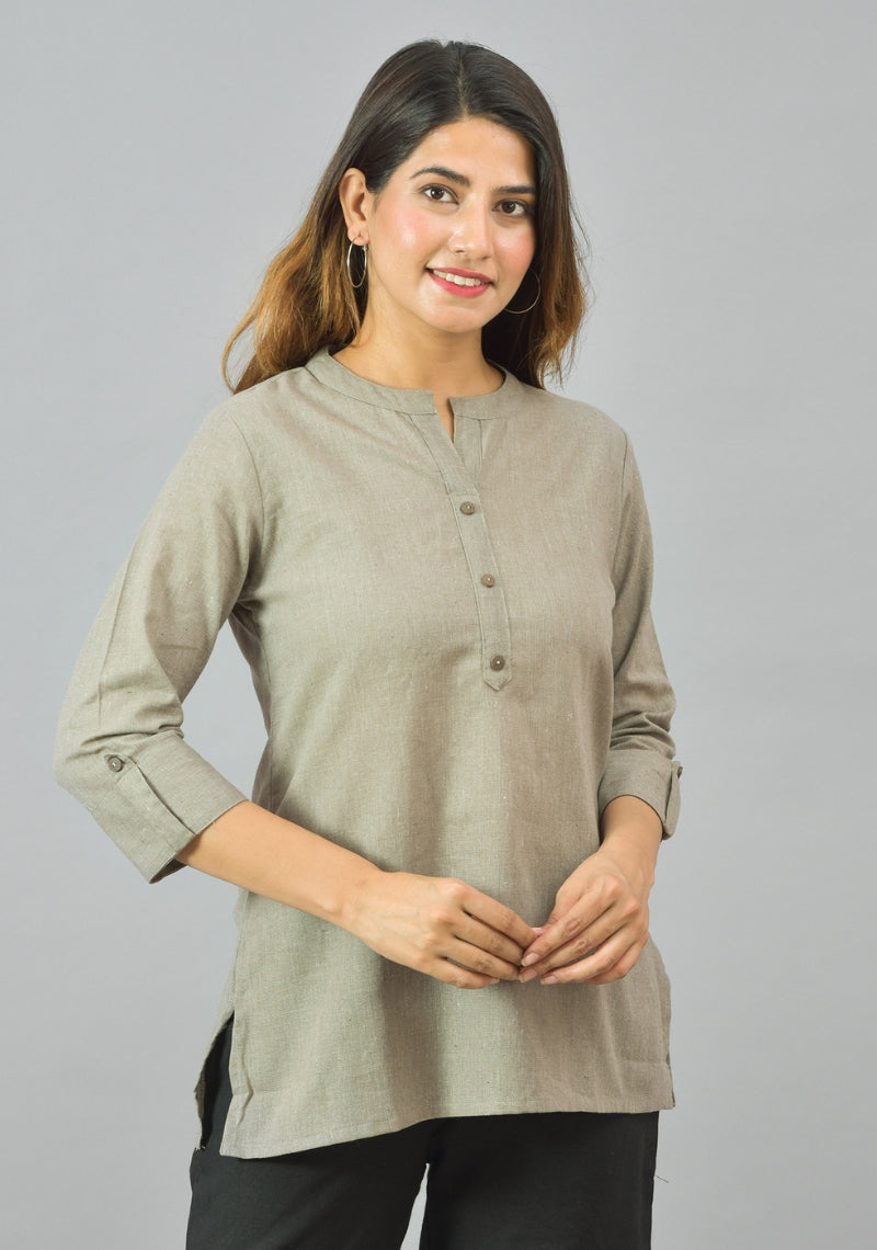 Gray Solid Cotton Women Top-10369