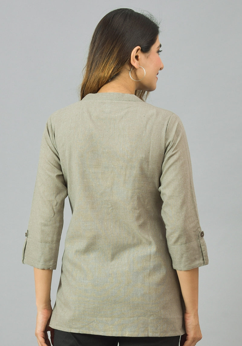 Gray Solid Cotton Women Top-10369