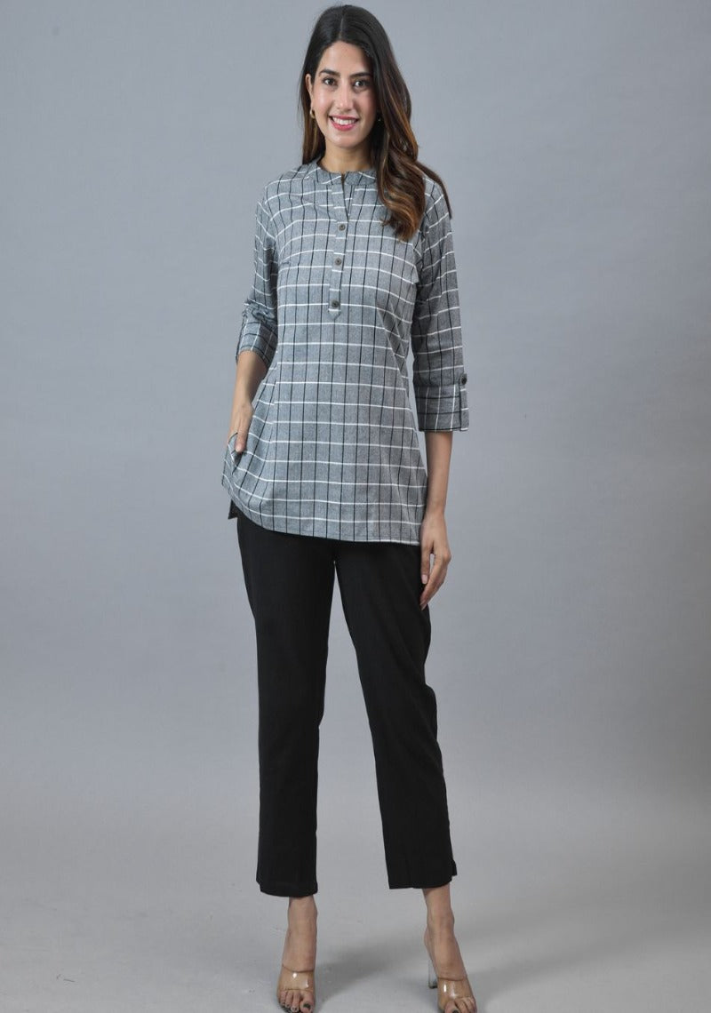 Gray White Cotton Checks Women Top-10282