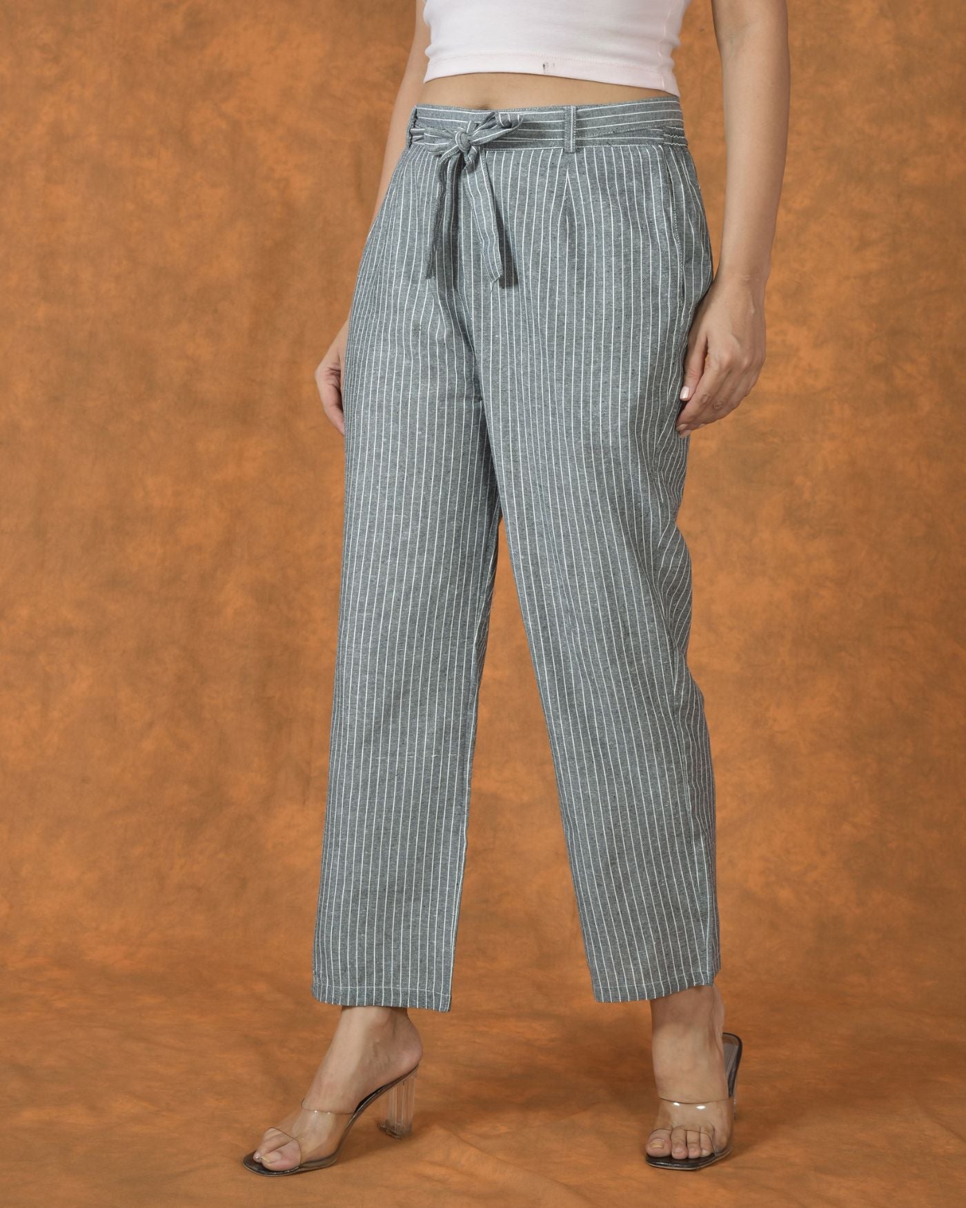 Gray White Cotton Stripe Belt Pant