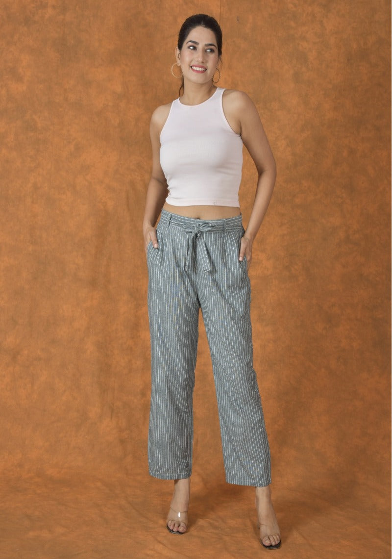 Gray White Cotton Stripe Belt Pant