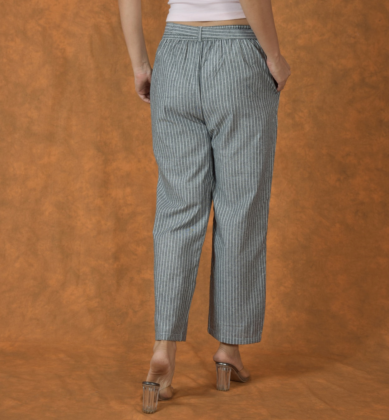 Gray White Cotton Stripe Belt Pant