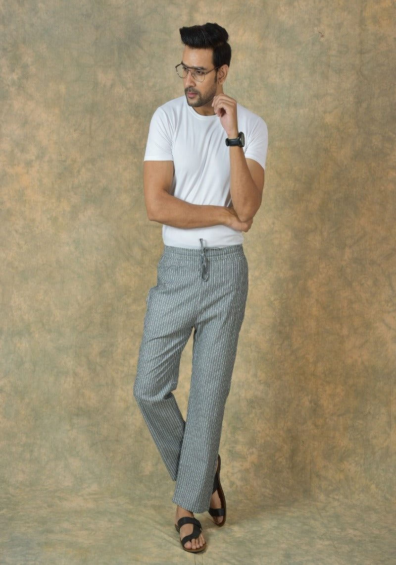 Gray White Stripe Cotton Handloom Men Pant