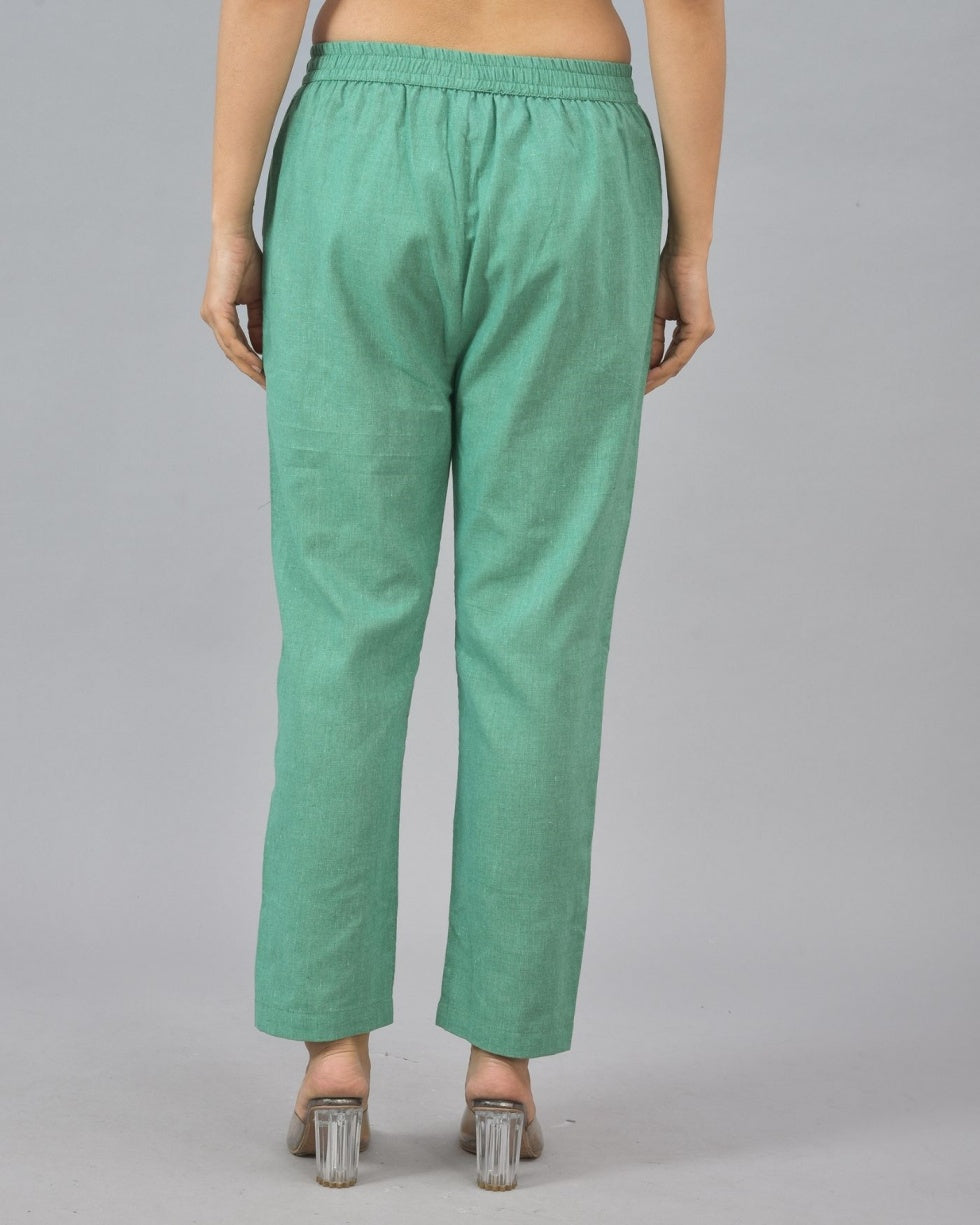 Green Solid Cotton Flax Women Trouser