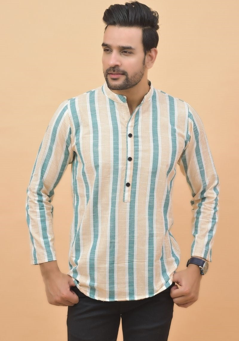 GREEN YELLOW STRIPE COTTON HANDLOOM CORD SET-25009