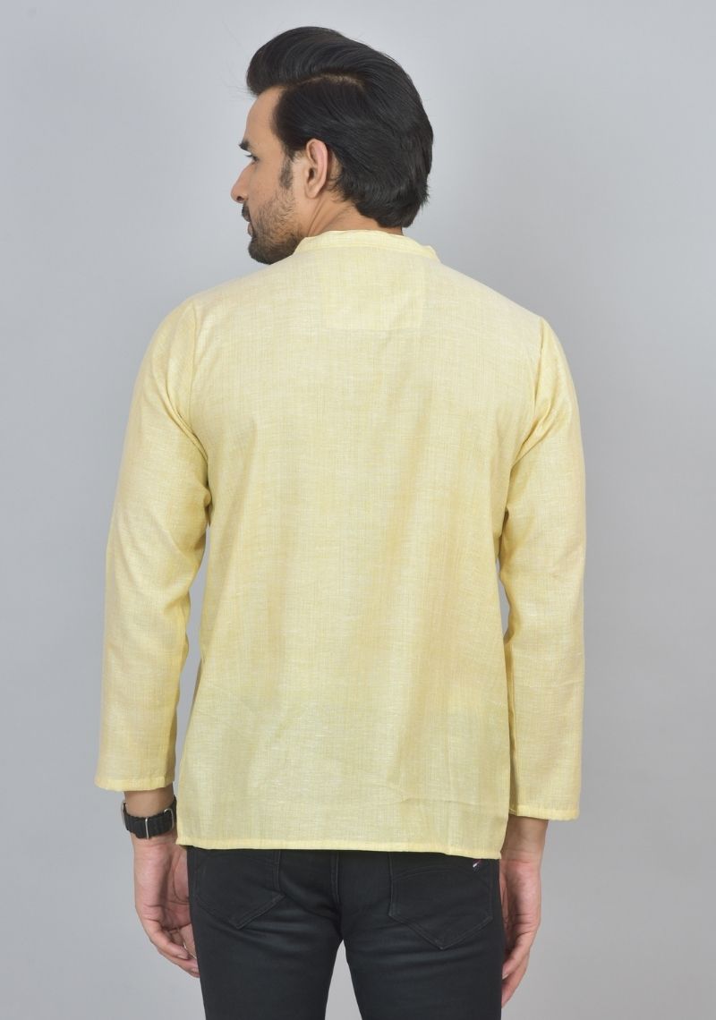 Combo of 2 Men Cotton Self Design Short Kurta Yellow and Pink