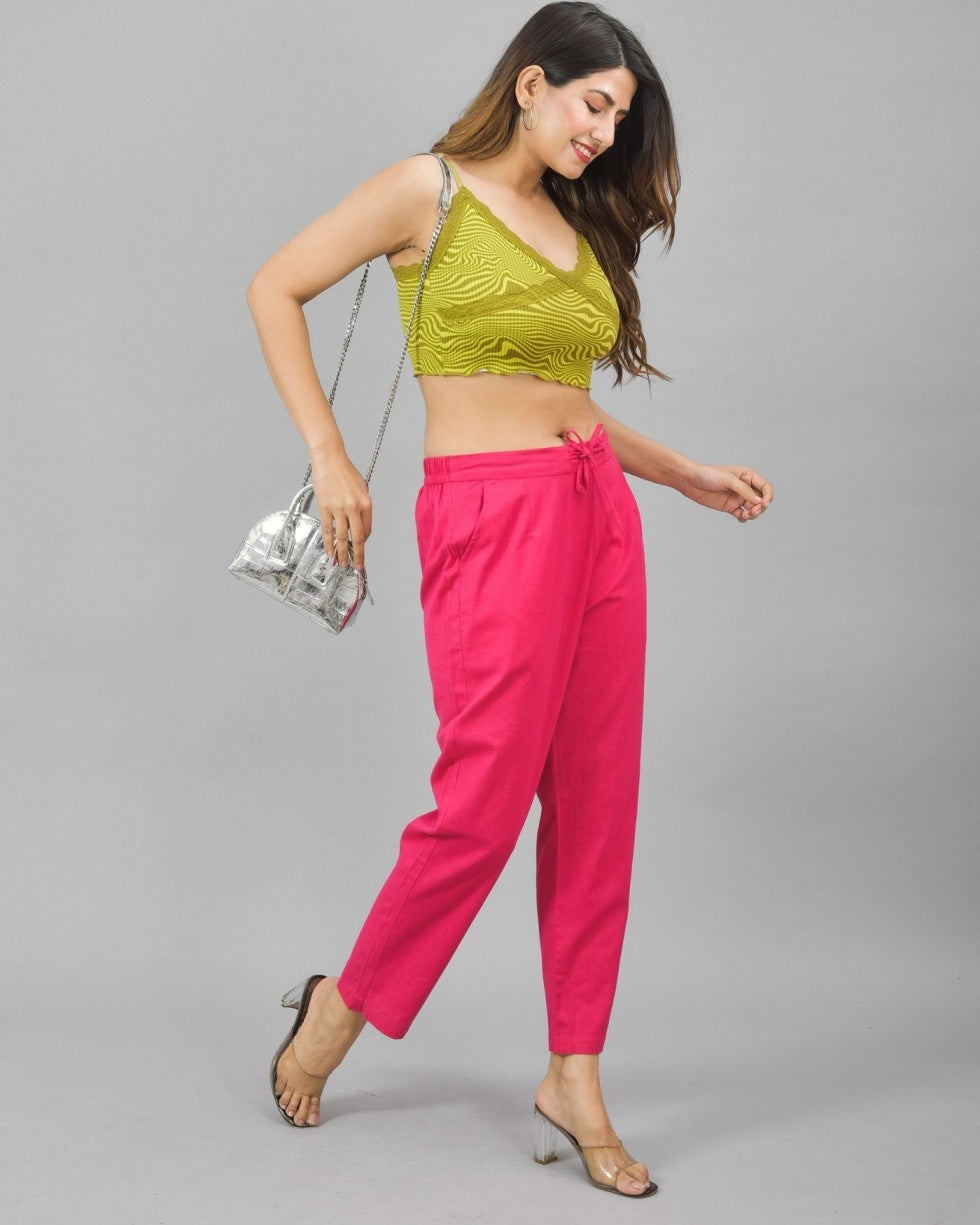 Combo of 2 Magenta Pink and Green Cotton Flax Women Trouser Pant-10368