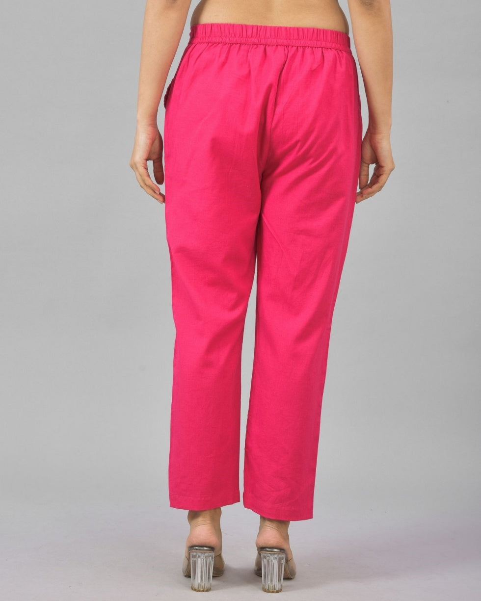 Magenta Pink Solid Cotton Flax Women Trouser