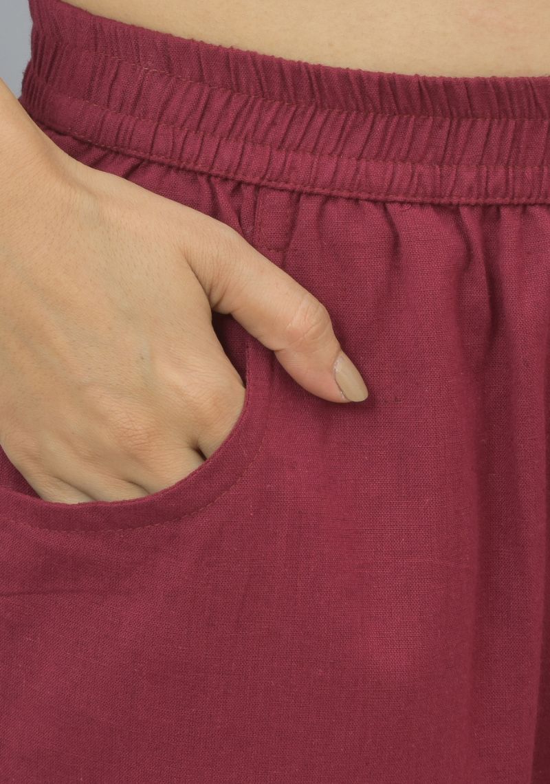 Maroon Solid Cotton Flax Trouser Pants