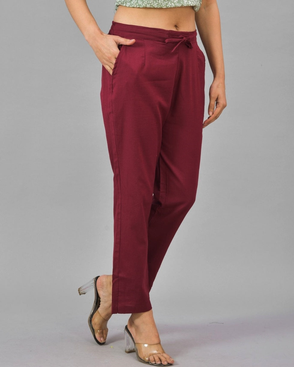 Maroon Solid Cotton Flax Women Trouser