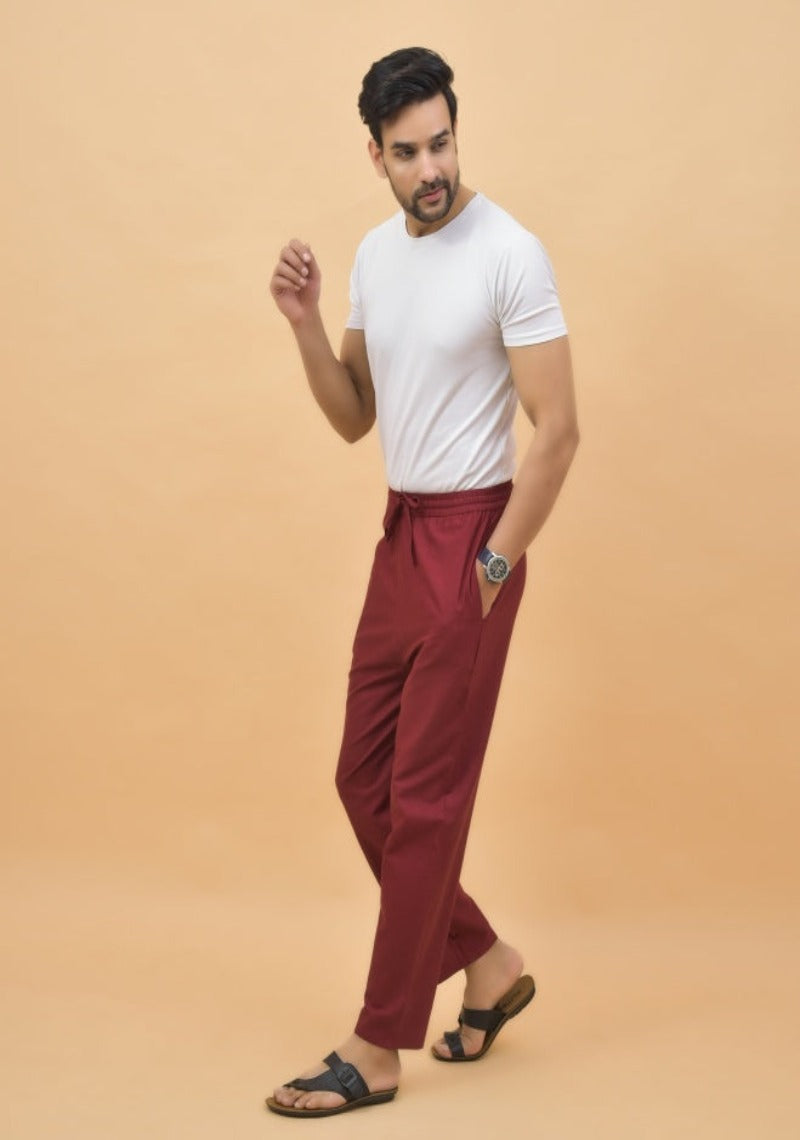 Maroon Solid Cotton Handloom Men Pant