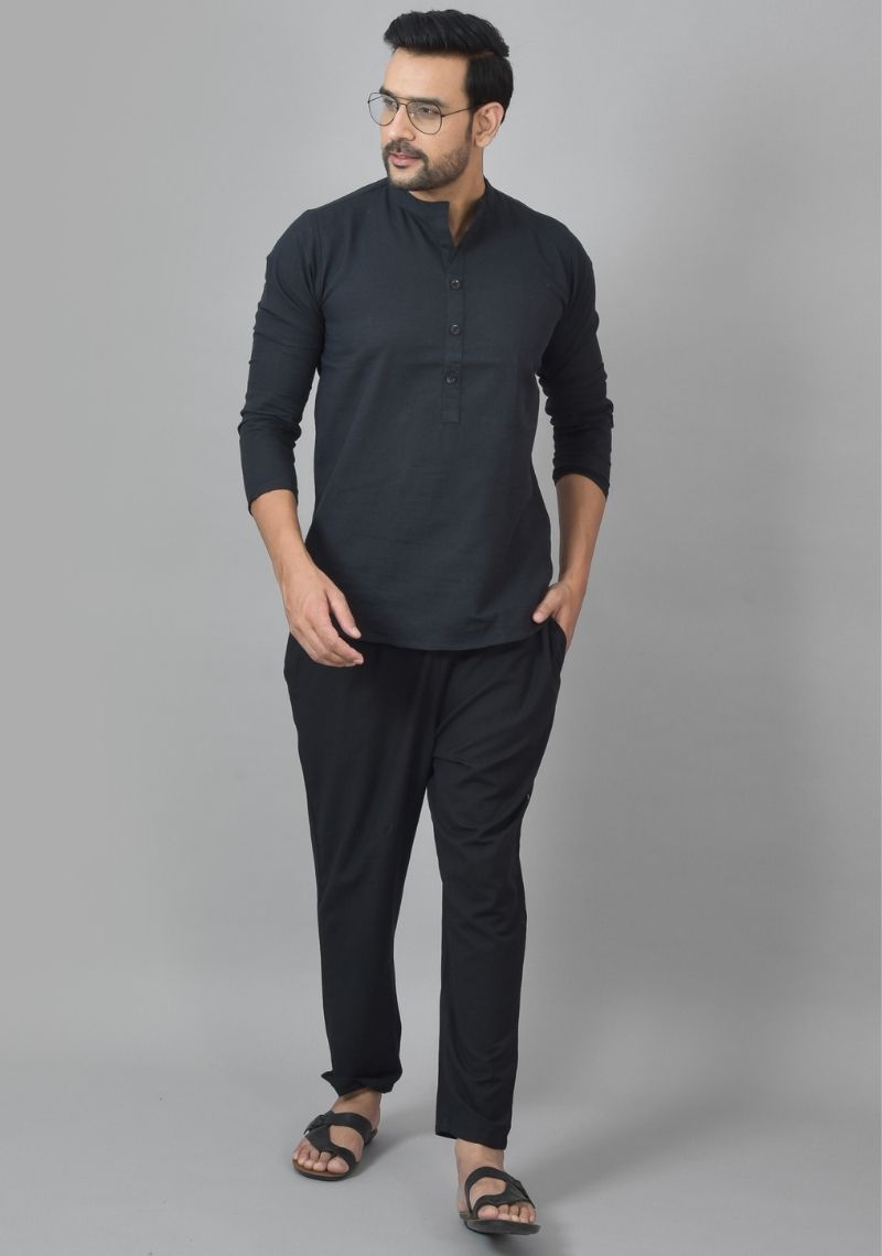 MEN COTTON SOLID CO-ORD SET BLACK-25732