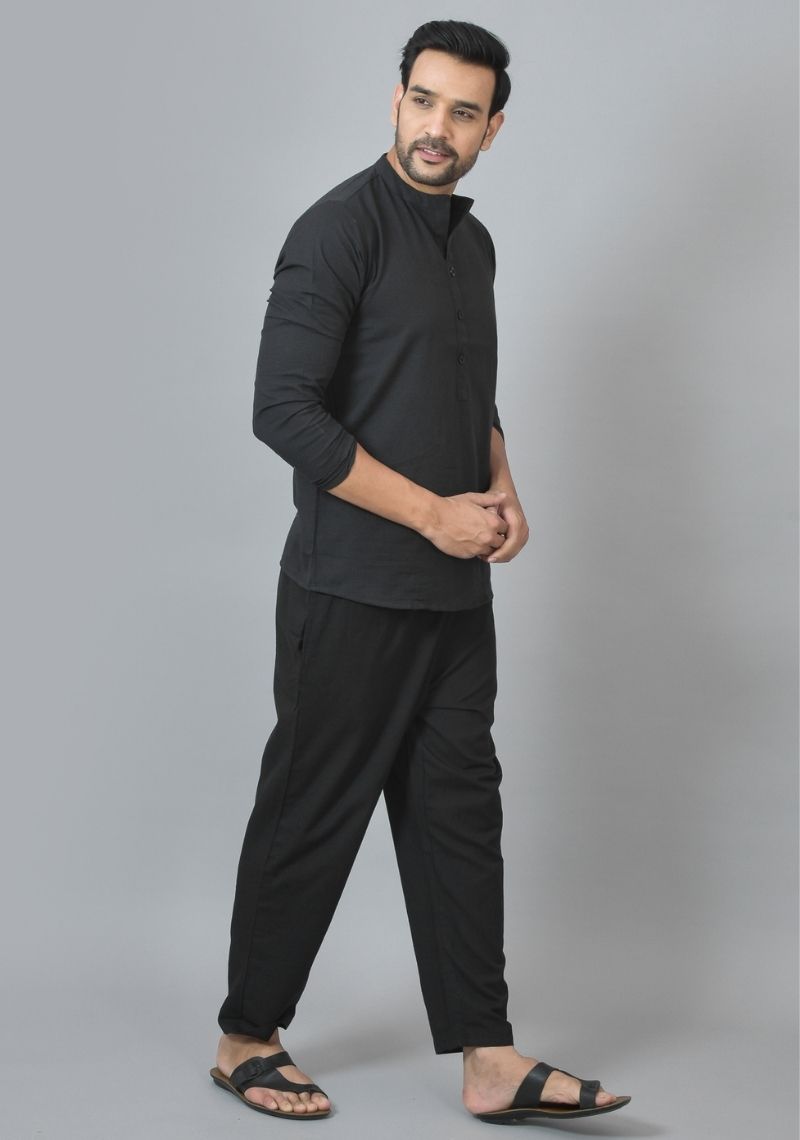 MEN COTTON SOLID CO-ORD SET BLACK-25732