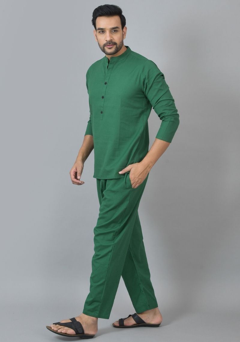 MEN COTTON SOLID CO-ORD SET BOTTLE GREEN-25727
