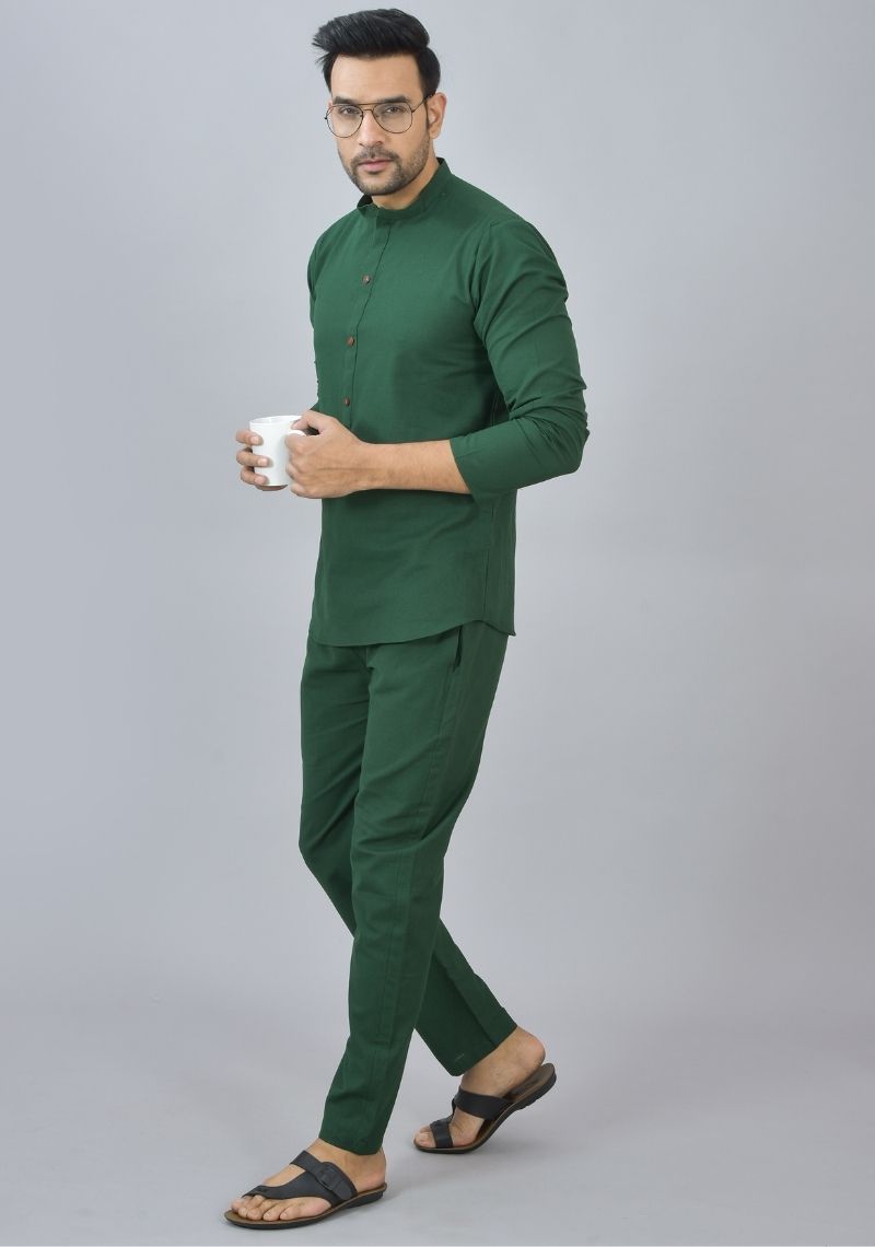 MEN COTTON SOLID CO-ORD SET BOTTLE GREEN-46670