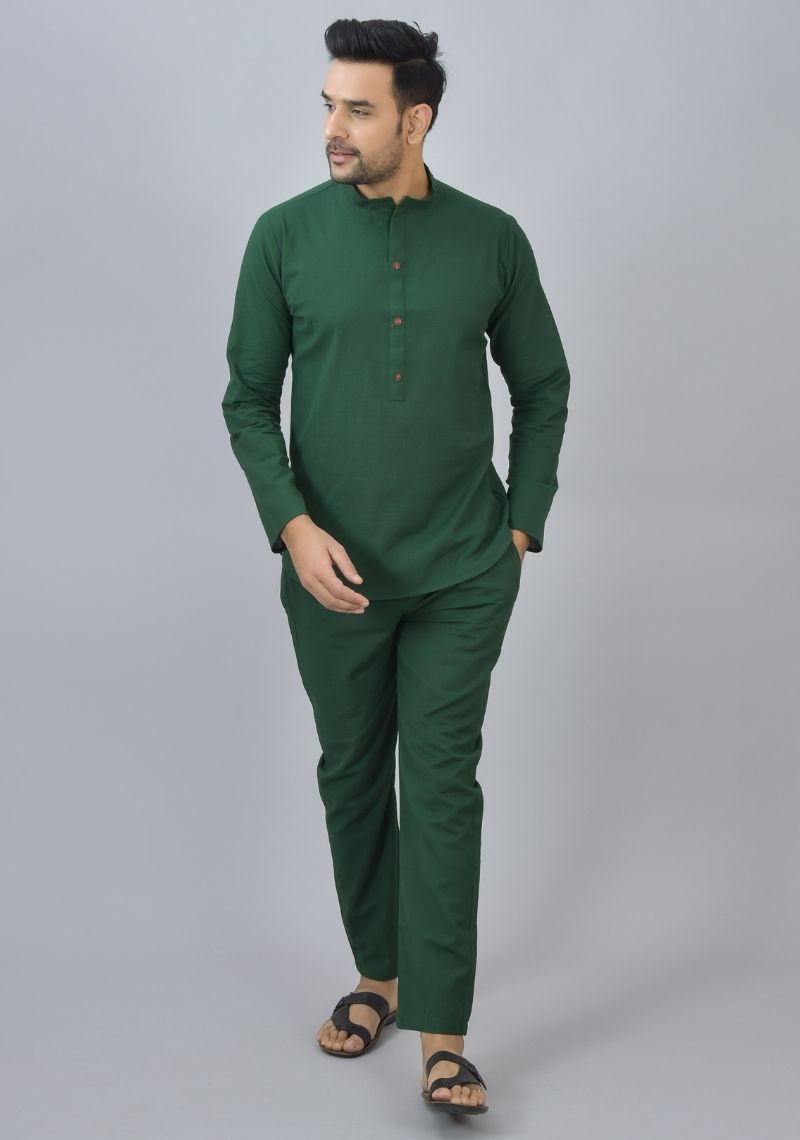 MEN COTTON SOLID CO-ORD SET BOTTLE GREEN-46670