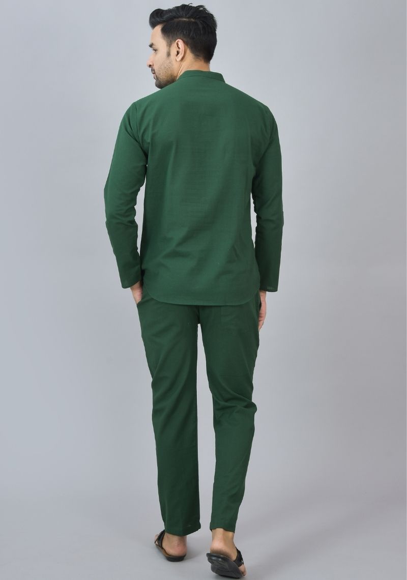 MEN COTTON SOLID CO-ORD SET BOTTLE GREEN-46670