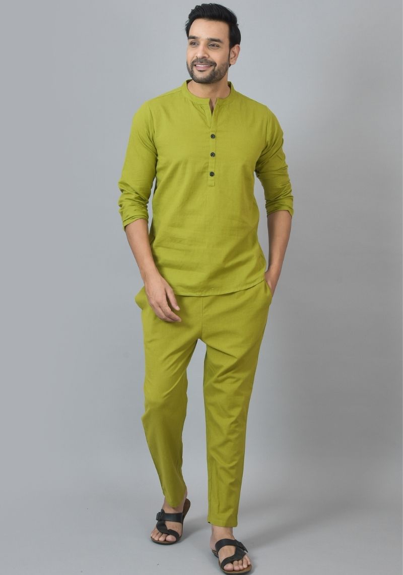 MEN COTTON SOLID CO-ORD SET OLIVE GREEN-25731