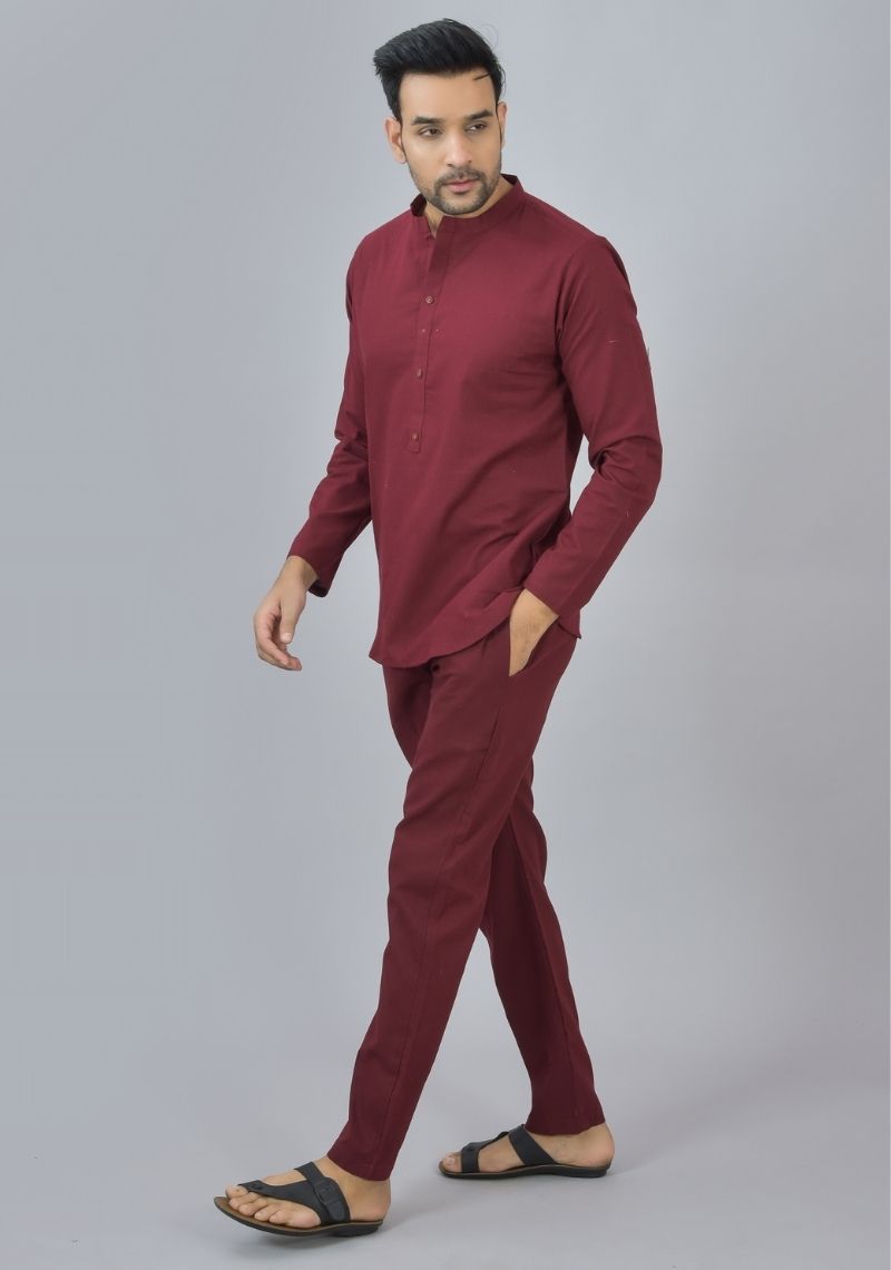 MEN COTTON SOLID CO-ORD SET Maroon-46664