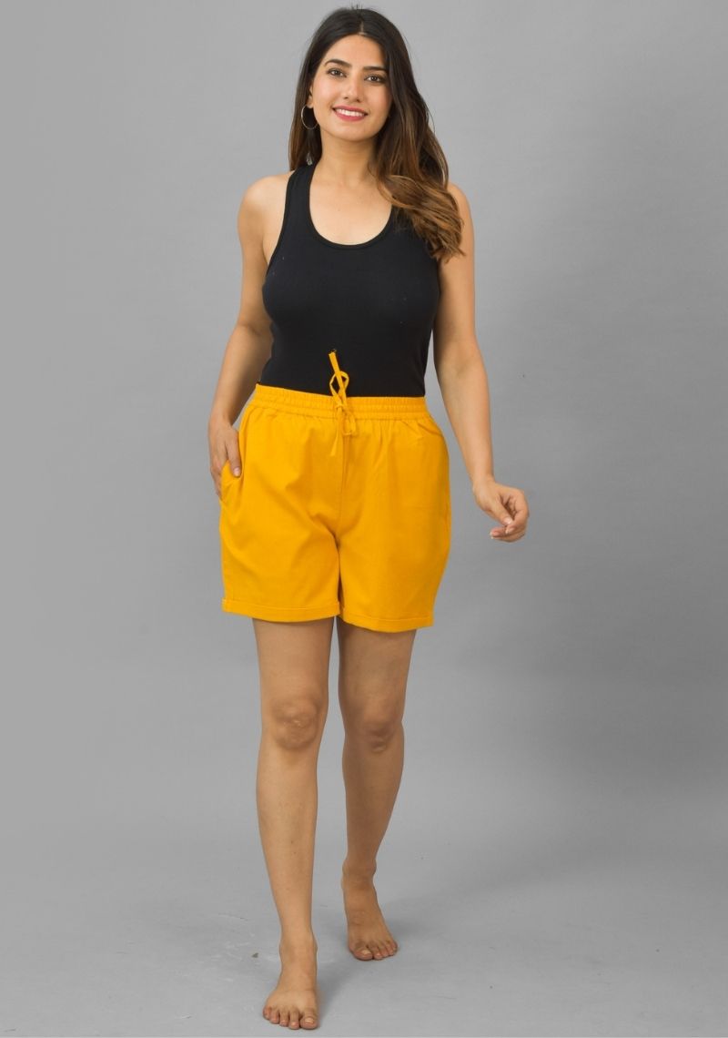 Mustard Yellow Solid Cotton Flax Shorts-10400