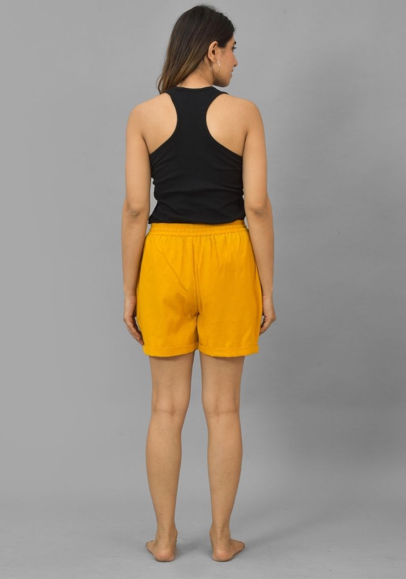 Mustard Yellow Solid Cotton Flax Shorts-10400