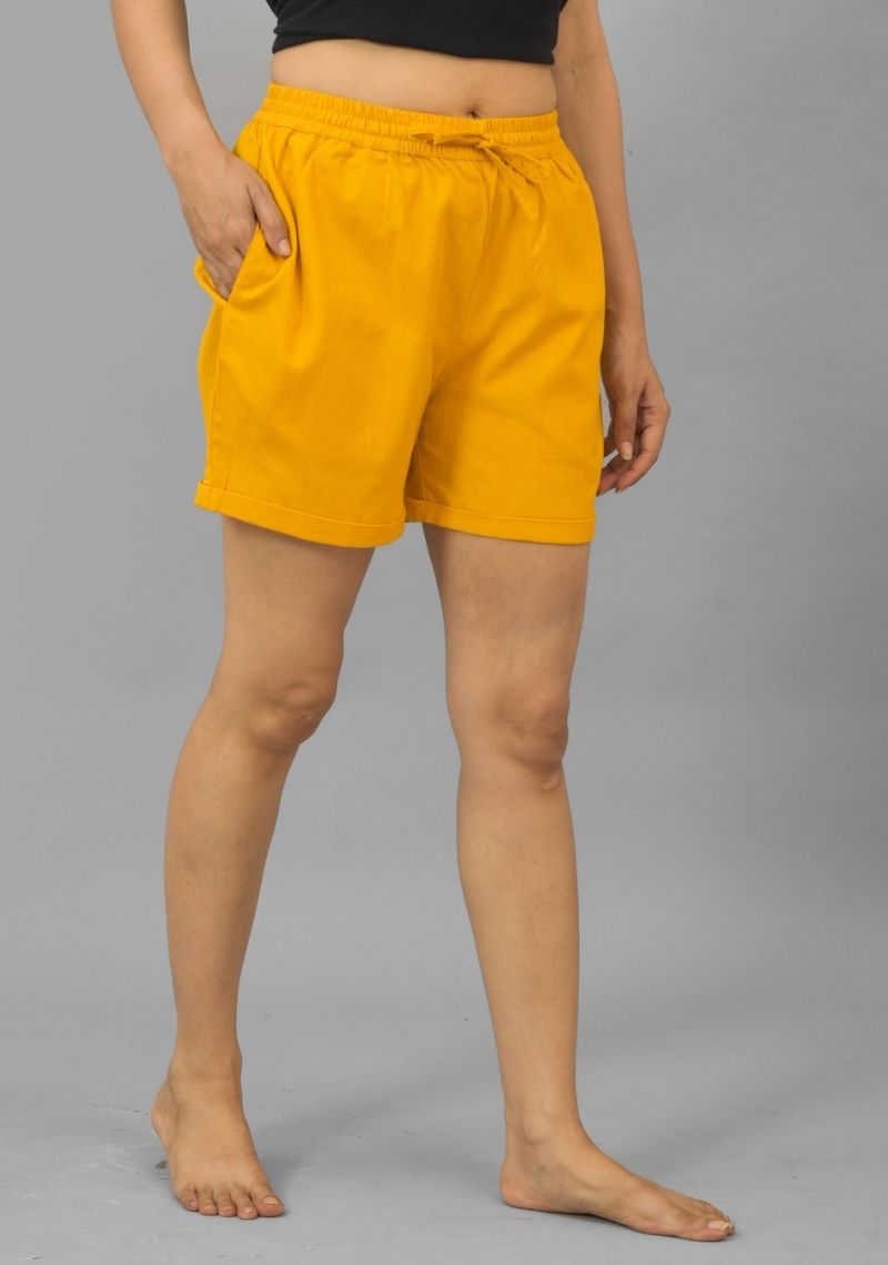 Mustard Yellow Solid Cotton Flax Shorts-10400