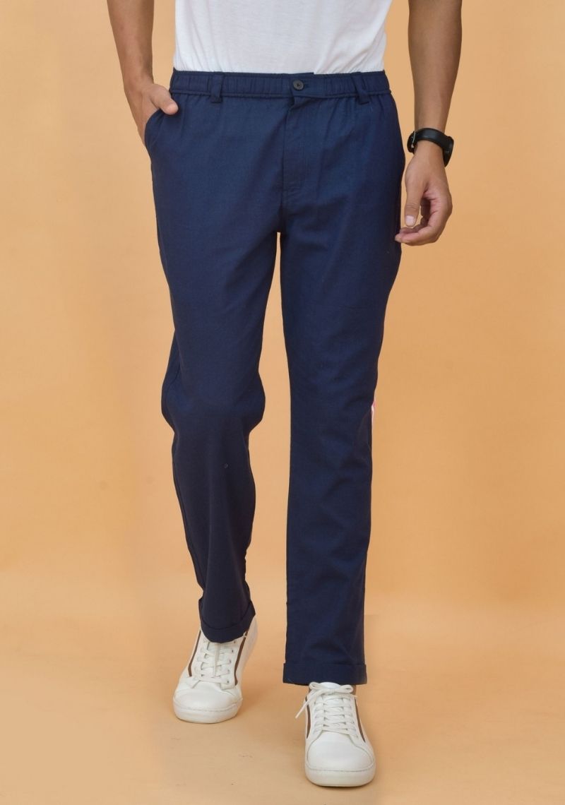 Navy Blue Cotton Regular Trouser