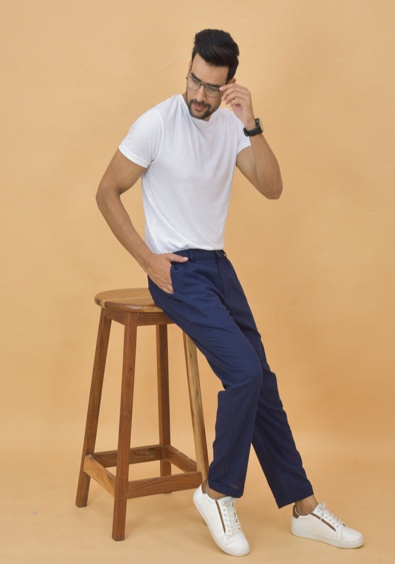 Navy Blue Cotton Regular Trouser
