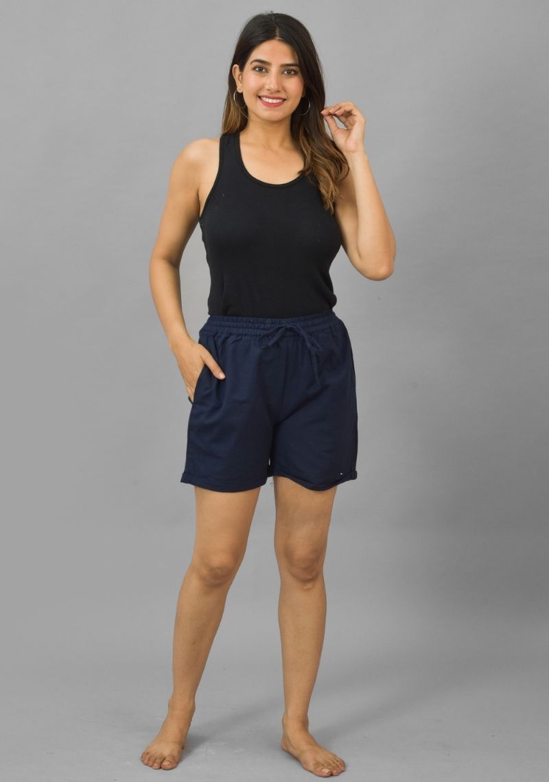 Navy Blue Solid Cotton Flax Shorts