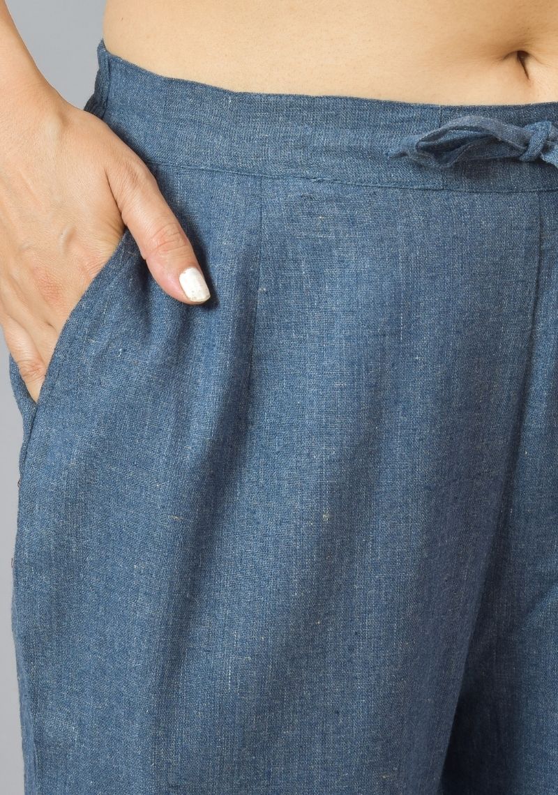 Navy Blue Solid Cotton Flax Trouser Pants