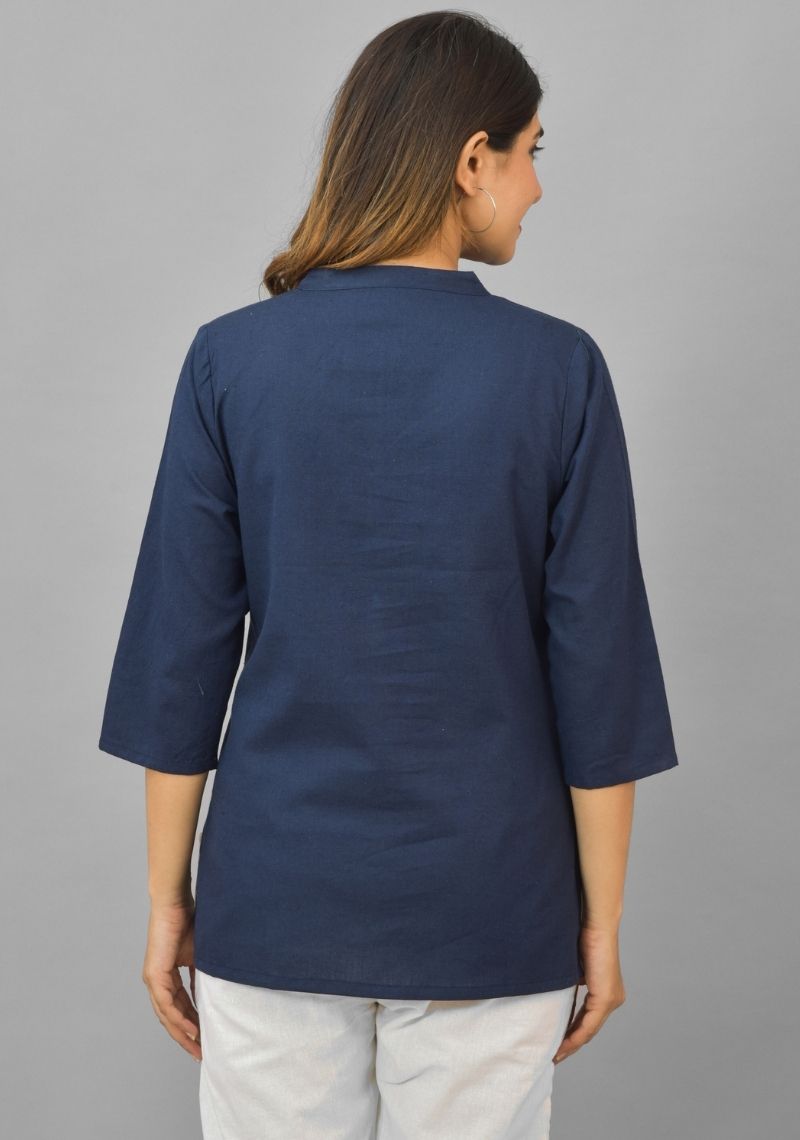 Navy Blue Solid Cotton Flax Women Top-10387