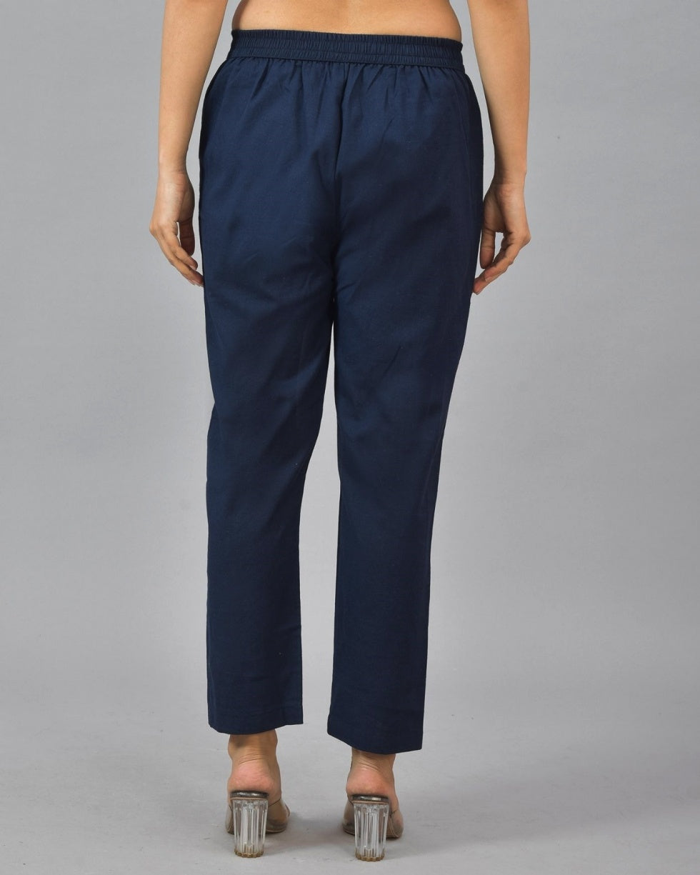 Navy Blue Solid Cotton Flax Women Trouser