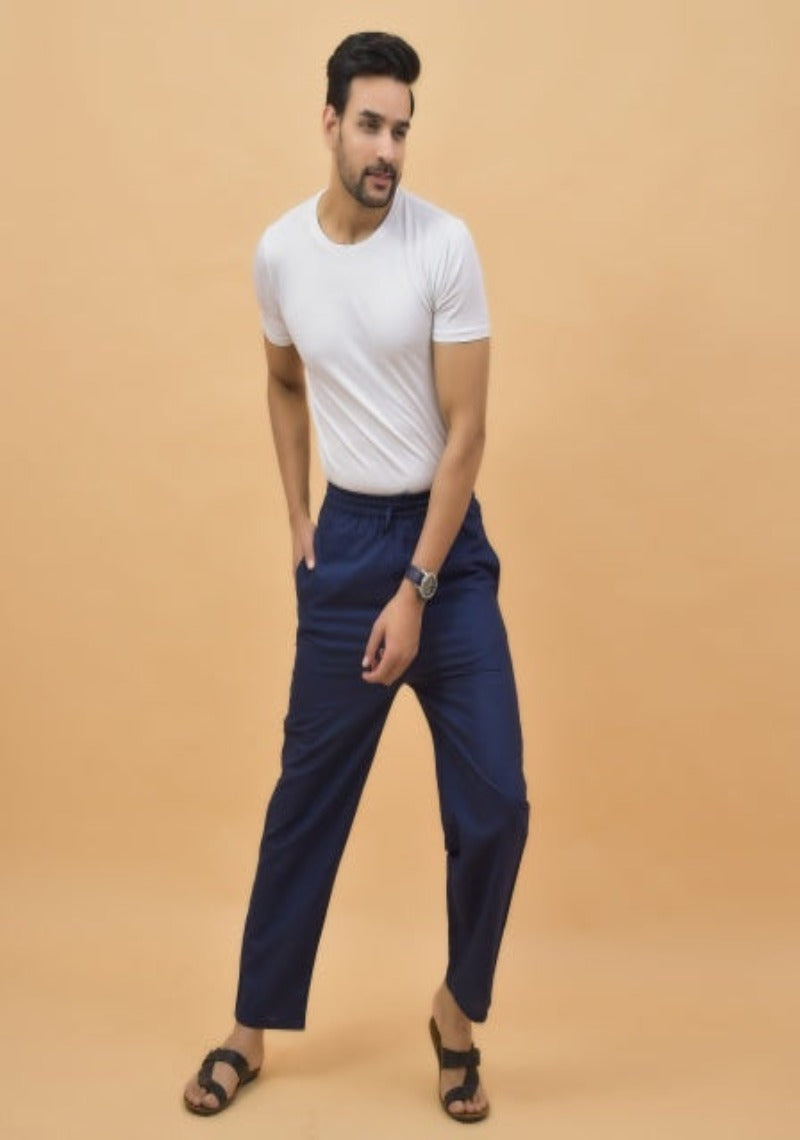 Navy Blue Solid Cotton Handloom Men Pant