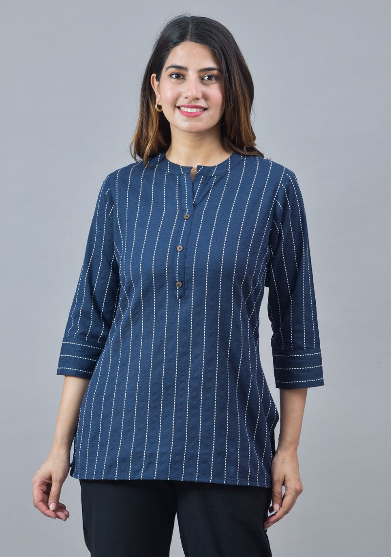 Navy Blue White Cotton Stripe Women Top-10278
