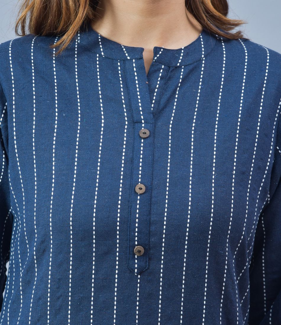 Navy Blue White Cotton Stripe Women Top-10278
