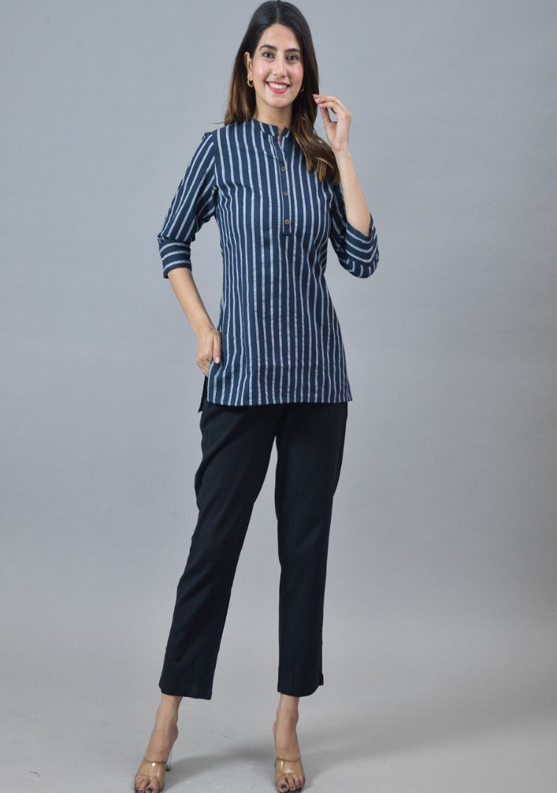 Navy Blue White Cotton Stripe Women Top-10284