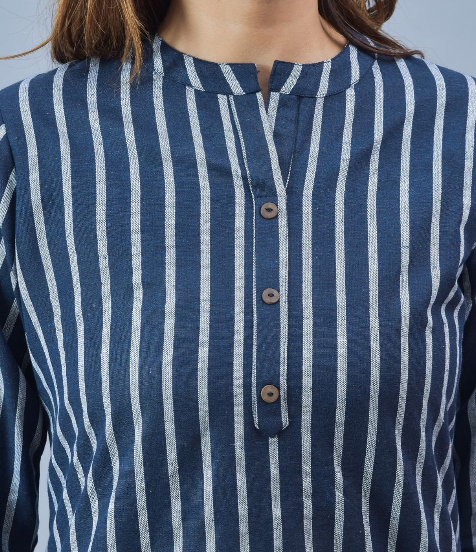 Navy Blue White Cotton Stripe Women Top-10284