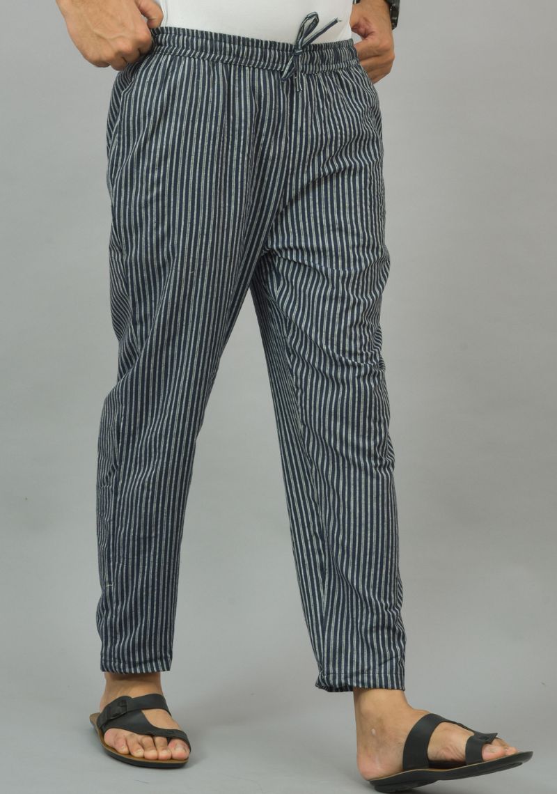 Navy Blue White Stripe Cotton Handloom Men Pant