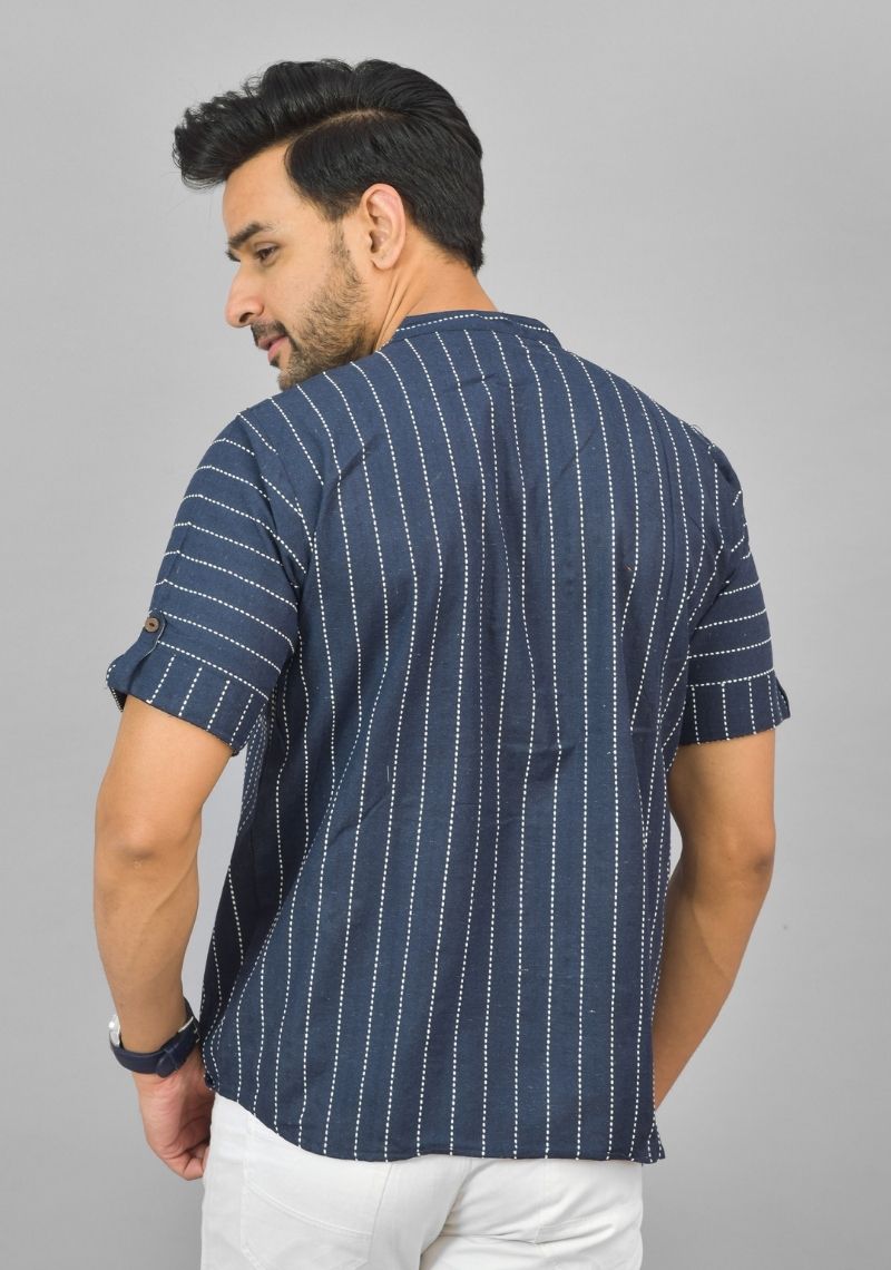 NAVY BLUE WHITE STRIPE COTTON HANDLOOM CORD SET-25294