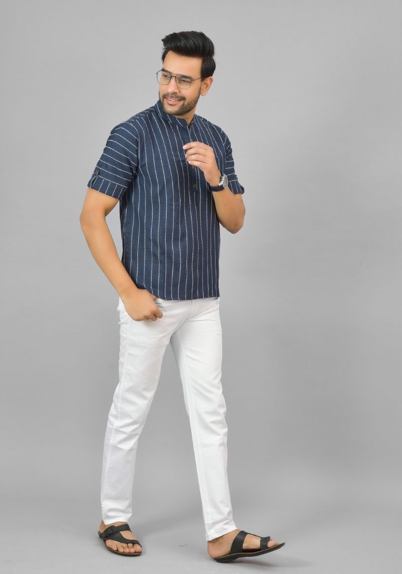 NAVY BLUE WHITE STRIPE COTTON HANDLOOM CORD SET-25294